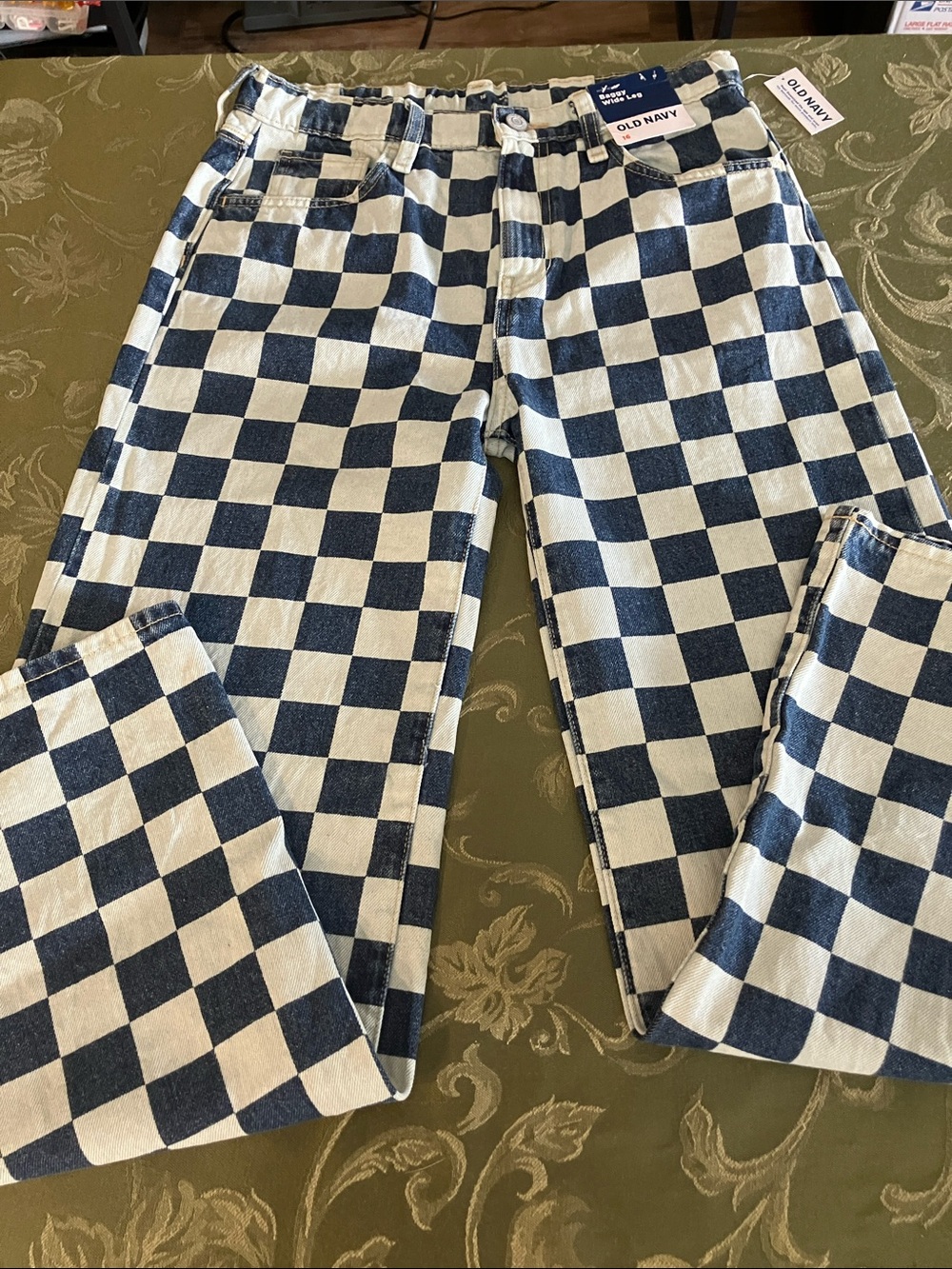Old Navy Kids Checkerboard baggy wide leg Jeans - Navy & White
